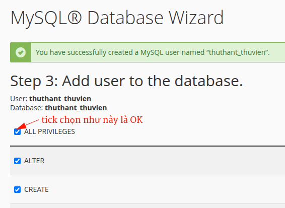 Bước 3 thiết lập quyền truy cập CSDL