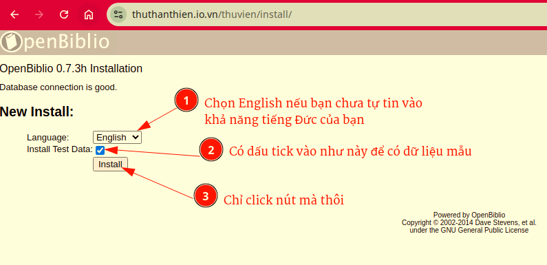 Cài đặt OpenBiblio bước 1