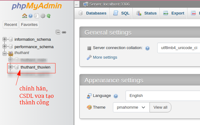 Cửa sổ phpMyAdmin